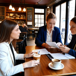 Aspiring legal professionals in a regional study group, collaborating and sharing resources in a cozy cafe setting, symbolizing their passion for pursuing their legal dreams outside of major metropolitan areas.