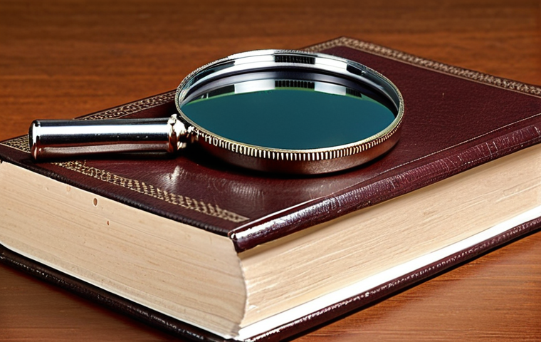 Law books stacked high, a magnifying glass resting on top of the topmost book, highlighting key terms. Focus on "Rights" and "Obligations."