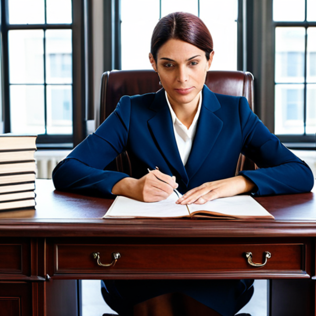 **

A professional female lawyer in a modest dark blue business suit, sitting at a large mahogany desk in a brightly lit office, reviewing legal documents, fully clothed, appropriate attire, safe for work, perfect anatomy, natural proportions, professional portrait photography, high quality, family-friendly.

**