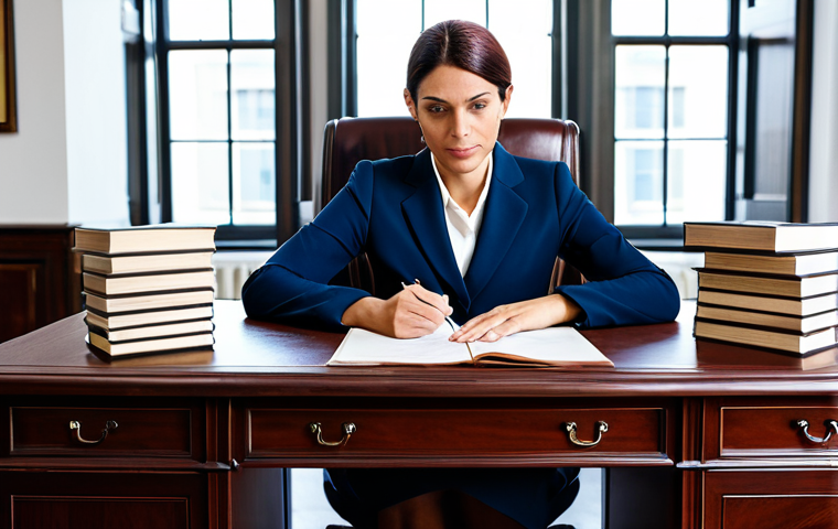**

A professional female lawyer in a modest dark blue business suit, sitting at a large mahogany desk in a brightly lit office, reviewing legal documents, fully clothed, appropriate attire, safe for work, perfect anatomy, natural proportions, professional portrait photography, high quality, family-friendly.

**