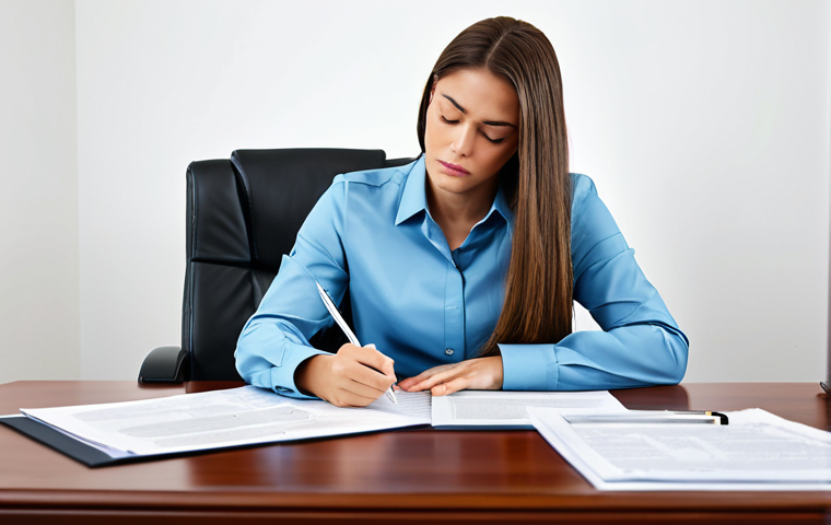 법무사 업무일기 작성 예시 - **Businesswoman resolving inheritance dispute:** "A professional lawyer in a modern office, mediatin...